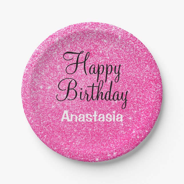Glam Happy Birthday Hot Pink Glitter Sparkle Name Paper Plates (Front)