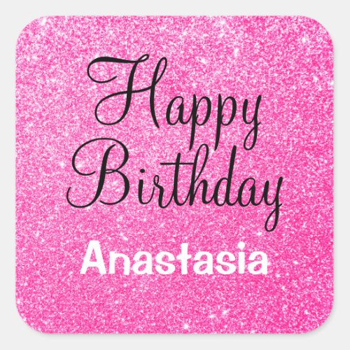 Glam Happy Birthday Hot Pink Glitter Sparkle Name Square Sticker