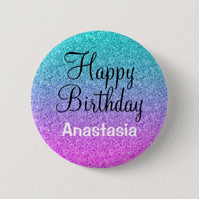 Glam Happy Birthday Ombre Pink Blue Purple Glitter Button (Front)