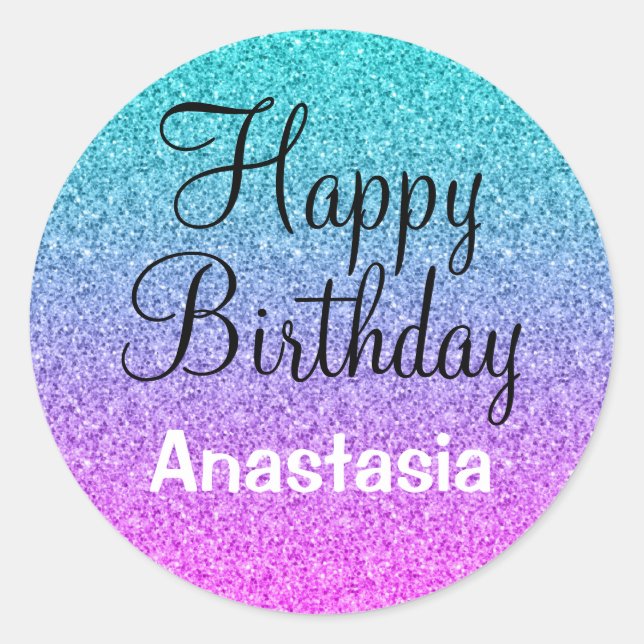 Glam Happy Birthday Ombre Pink Blue Purple Glitter Classic Round Sticker (Front)