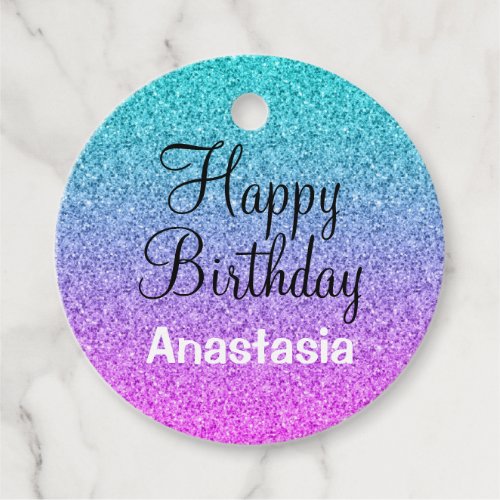 Glam Happy Birthday Ombre Pink Blue Purple Glitter Favor Tags