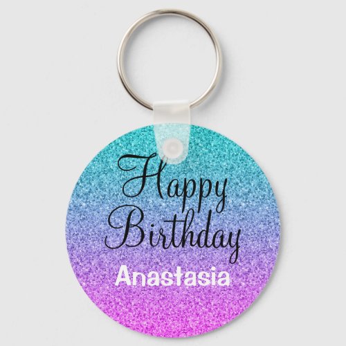 Glam Happy Birthday Ombre Pink Blue Purple Glitter Keychain