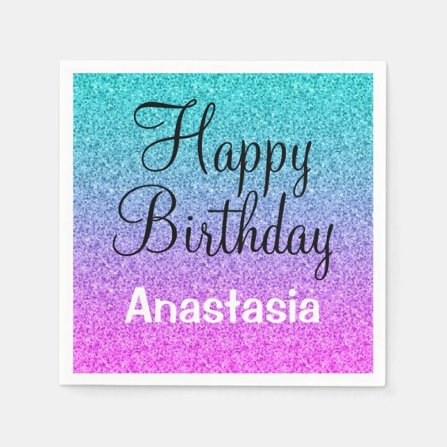 Glam Happy Birthday Ombre Pink Blue Purple Glitter Napkins (Front)