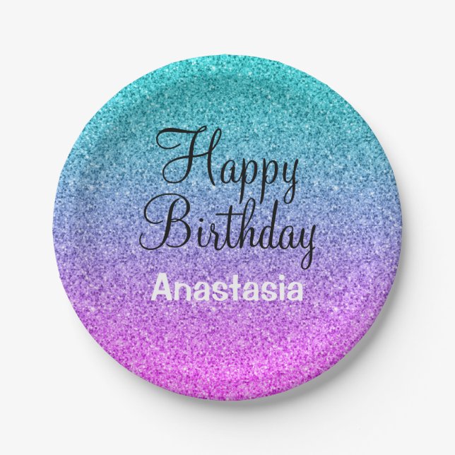 Glam Happy Birthday Ombre Pink Blue Purple Glitter Paper Plates (Front)