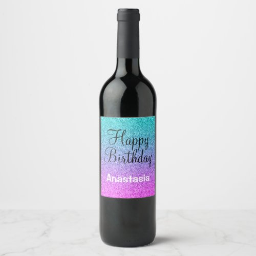 Glam Happy Birthday Ombre Pink Blue Purple Glitter Wine Label