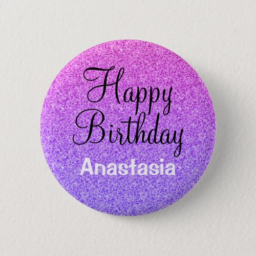 Glam Happy Birthday Ombre Purple Glitter Sparkles Button