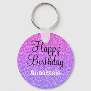 Glam Happy Birthday Ombre Purple Glitter Sparkles Keychain