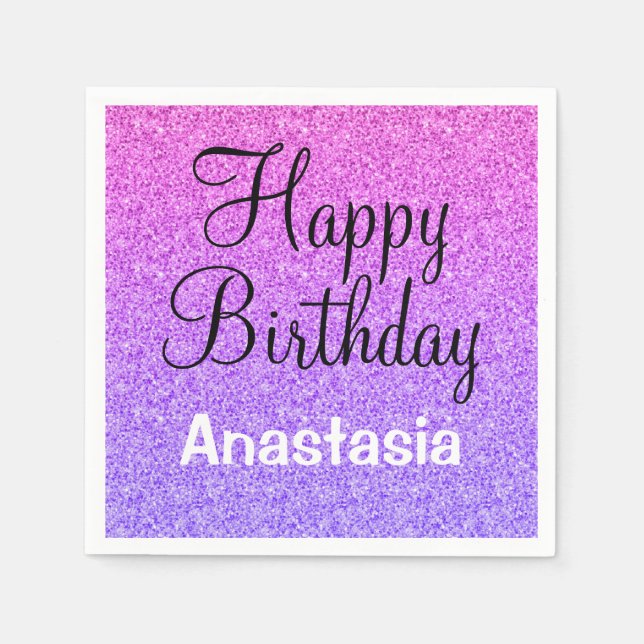Glam Happy Birthday Ombre Purple Glitter Sparkles Napkins (Front)
