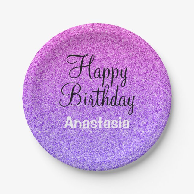 Glam Happy Birthday Ombre Purple Glitter Sparkles Paper Plates (Front)