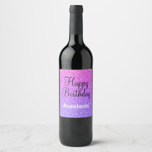 Glam Happy Birthday Ombre Purple Glitter Sparkles Wine Label