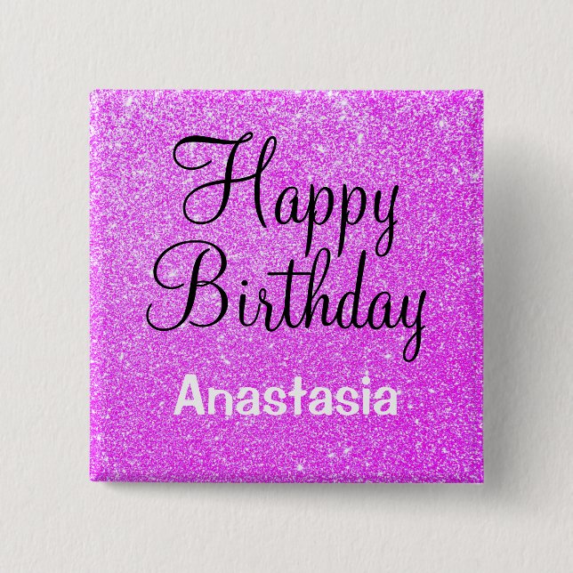 Glam Happy Birthday Purple Glitter Sparkle Name Button (Front)