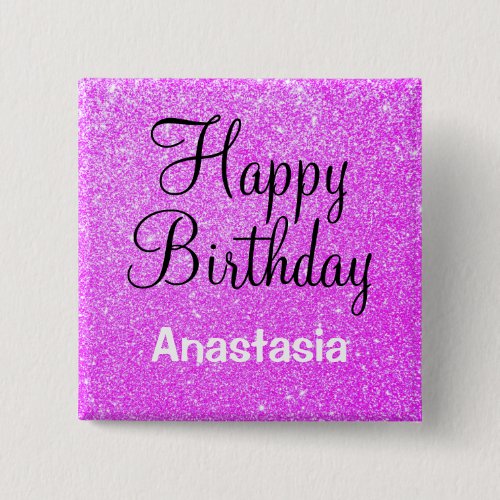 Glam Happy Birthday Purple Glitter Sparkle Name Button