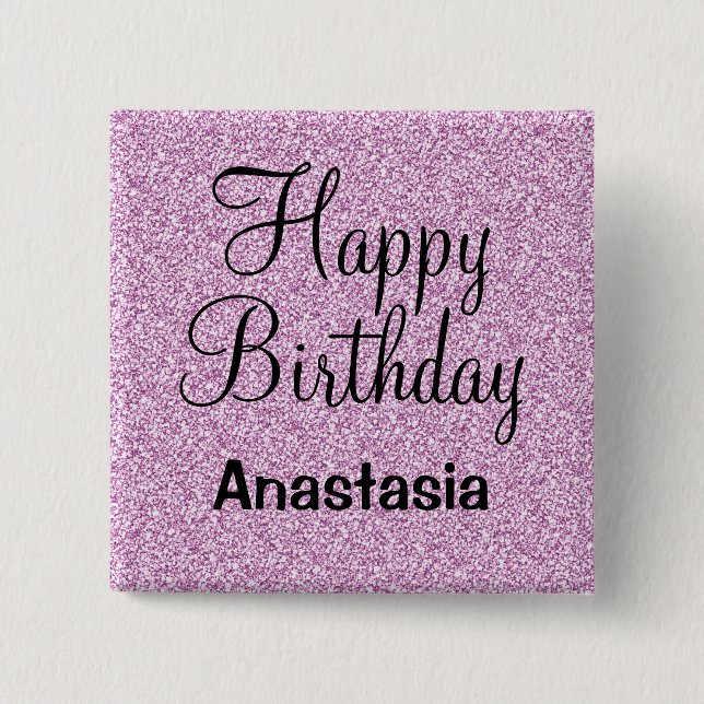 Glam Happy Birthday Purple Glitter Sparkle Name Button (Front)