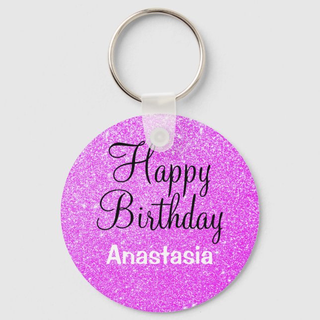 Glam Happy Birthday Purple Glitter Sparkle Name Keychain (Front)