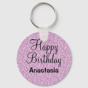 Glam Happy Birthday Purple Glitter Sparkle Name Keychain