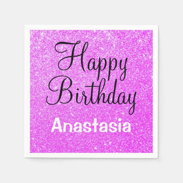 Glam Happy Birthday Purple Glitter Sparkle Name Napkins (Front)