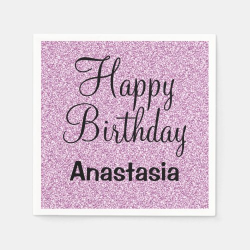 Glam Happy Birthday Purple Glitter Sparkle Name Napkins