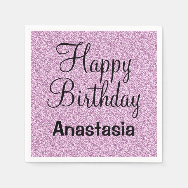 Glam Happy Birthday Purple Glitter Sparkle Name Napkins (Front)