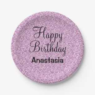 Glam Happy Birthday Purple Glitter Sparkle Name Paper Plates