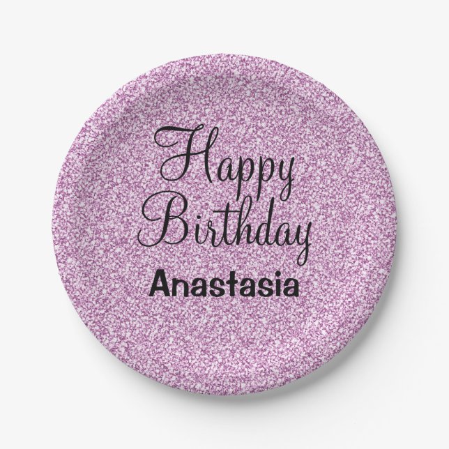 Glam Happy Birthday Purple Glitter Sparkle Name Paper Plates (Front)