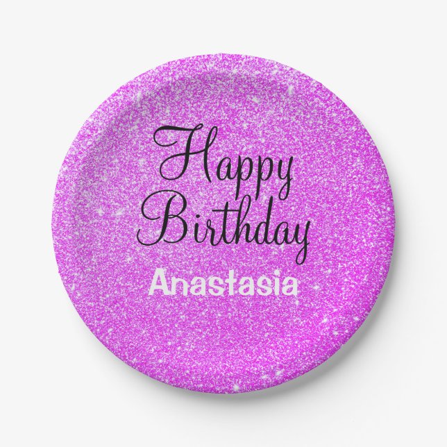 Glam Happy Birthday Purple Glitter Sparkle Name Paper Plates (Front)