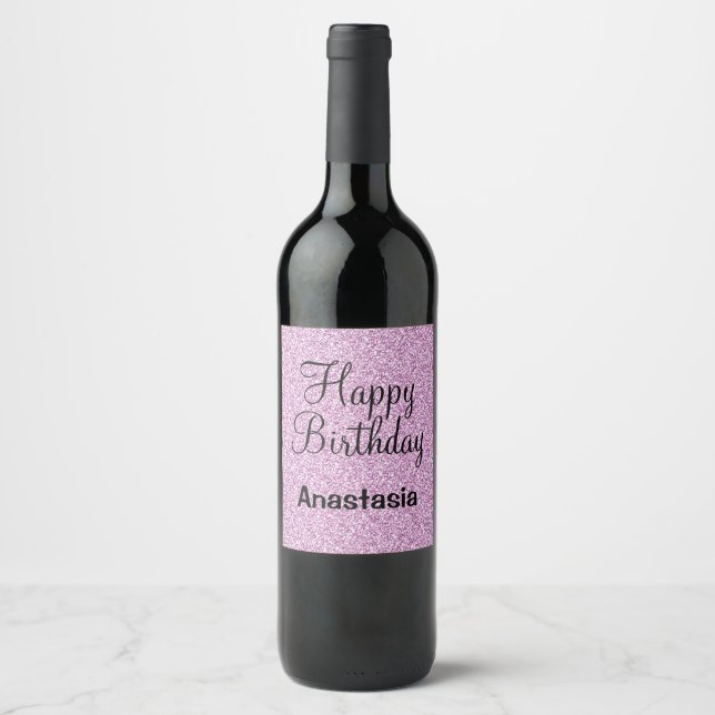 Glam Happy Birthday Purple Glitter Sparkle Name Wine Label (Front)