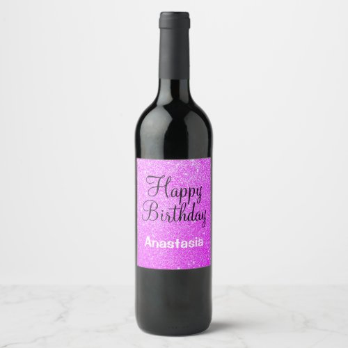 Glam Happy Birthday Purple Glitter Sparkle Name Wine Label