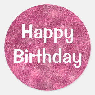 Glam Happy Birthday White Purple Glitter Sparkles Classic Round Sticker