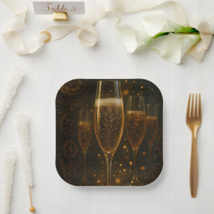 Glam Happy New Year Steampunk Champagne Paper Plates