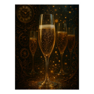 Glam Happy New Year Steampunk Champagne Poster