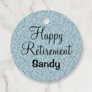 Glam Happy Retirement Blue Silver Glitter Sparkles Favor Tags