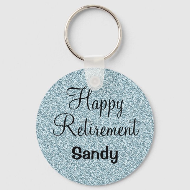 Glam Happy Retirement Blue Silver Glitter Sparkles Keychain (Front)
