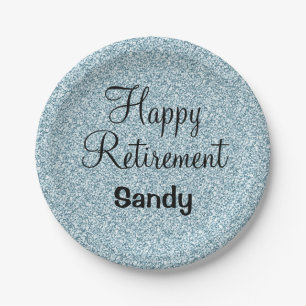 Glam Happy Retirement Blue Silver Glitter Sparkles Paper Plates