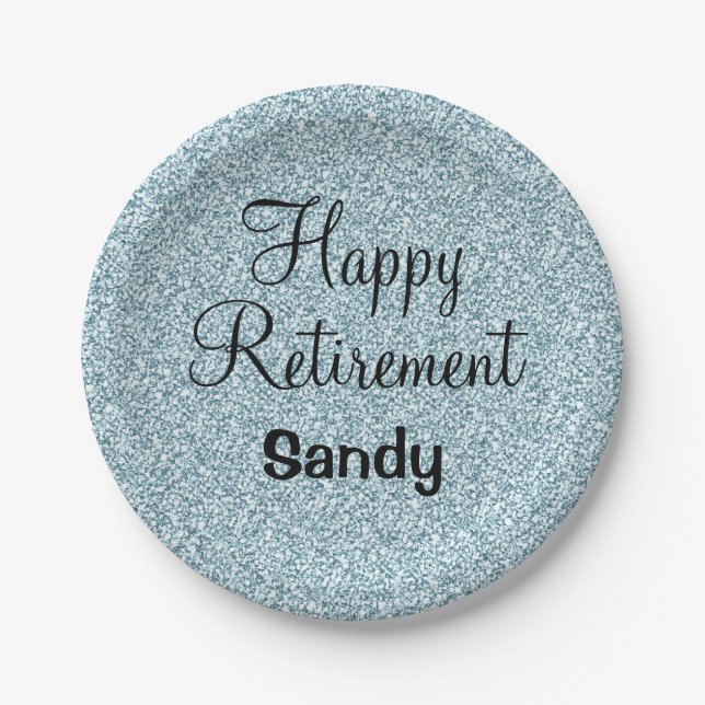 Glam Happy Retirement Blue Silver Glitter Sparkles Paper Plates (Front)