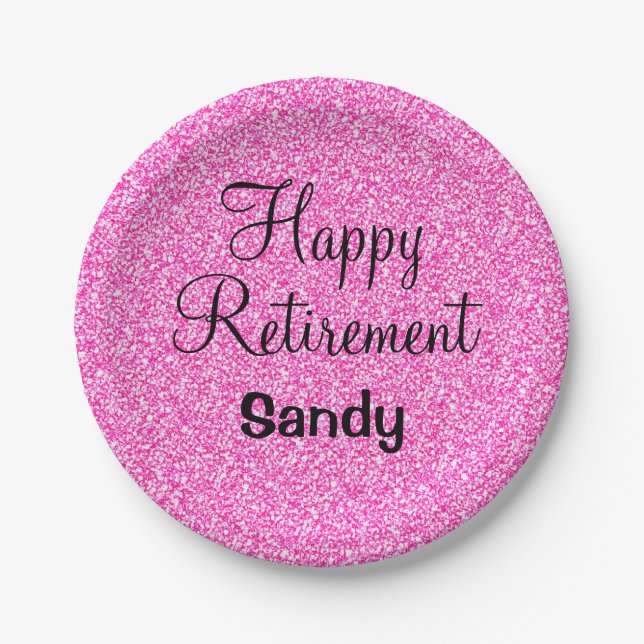 Glam Happy Retirement Hot Pink Glitter Sparkle Paper Plates (Front)