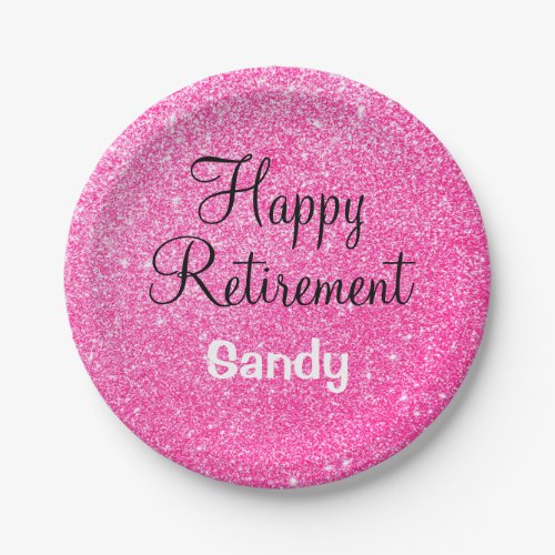 Glam Happy Retirement Hot Pink Glitter Sparkle Paper Plates