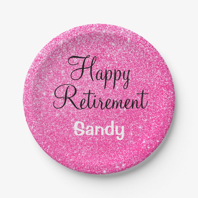 Glam Happy Retirement Hot Pink Glitter Sparkle Paper Plates (Front)