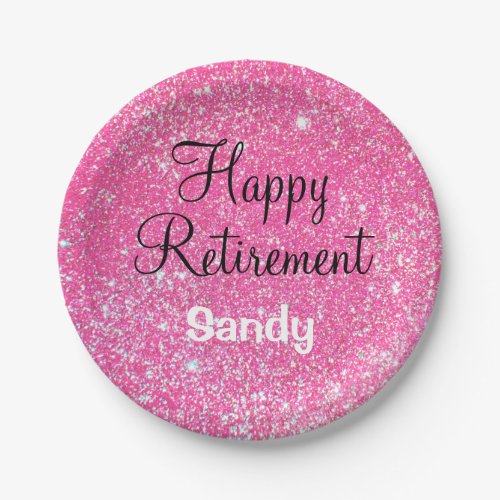 Glam Happy Retirement Hot Pink Glitter Sparkle Paper Plates