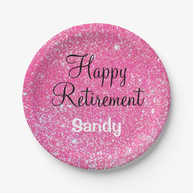 Glam Happy Retirement Hot Pink Glitter Sparkle Paper Plates (Front)