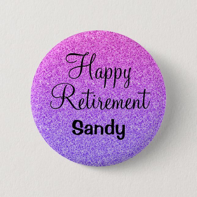Glam Happy Retirement Ombre Purple Glitter Sparkle Button (Front)