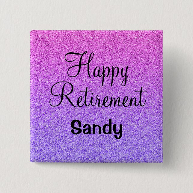 Glam Happy Retirement Ombre Purple Glitter Sparkle Button (Front)