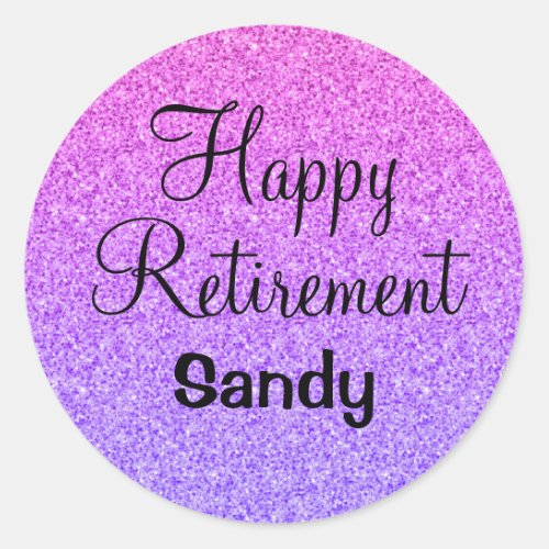 Glam Happy Retirement Ombre Purple Glitter Sparkle Classic Round Sticker