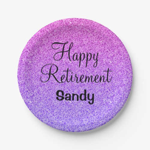 Glam Happy Retirement Ombre Purple Glitter Sparkle Paper Plates