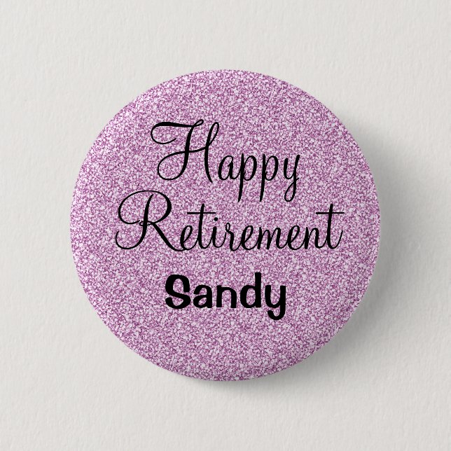 Glam Happy Retirement Purple Glitter Sparkle Button (Front)
