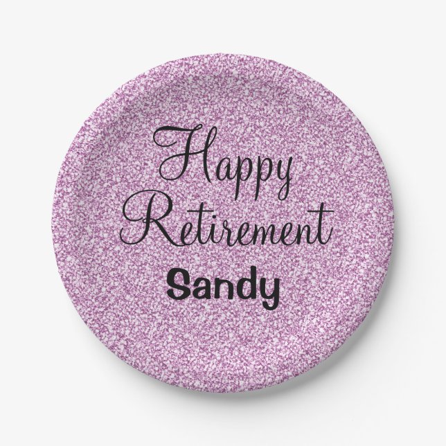 Glam Happy Retirement Purple Glitter Sparkle Paper Plates (Front)