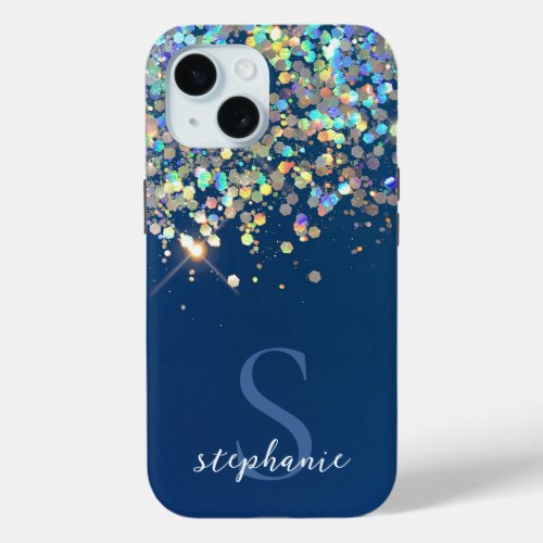 Glam Holographic Glitter Monogram Modern Custom iPhone 15 Case