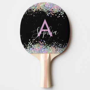 Glam Holographic Glitter Monogram Script Black Ping Pong Paddle