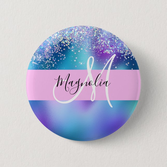 Glam Holographic Mermaid Glitter Sparkle Monogram Button (Front)