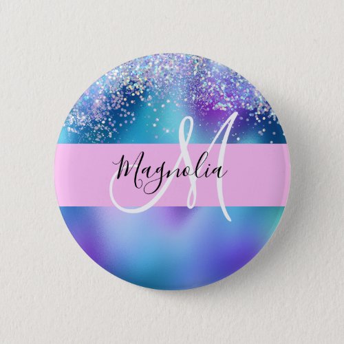 Glam Holographic Mermaid Glitter Sparkle Monogram Button