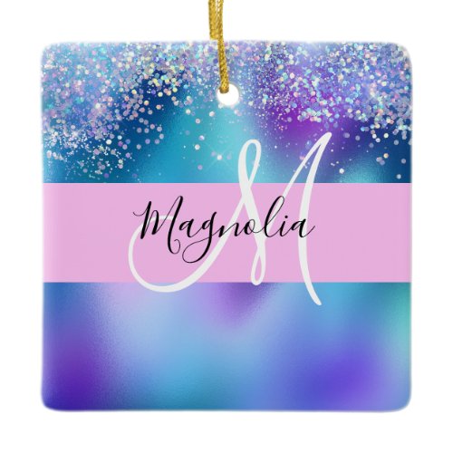 Glam Holographic Mermaid Glitter Sparkle Monogram Ceramic Ornament